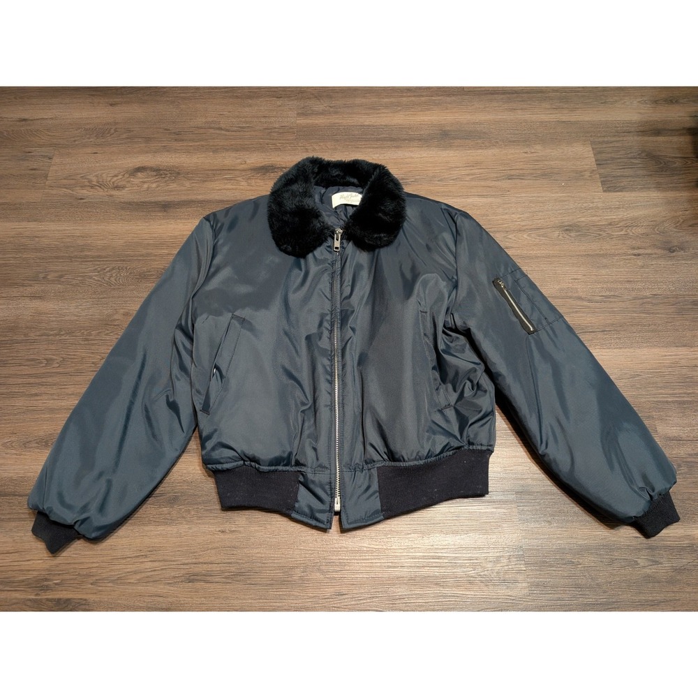 Flight Jacket Mens XL Navy Blue‎ Bomber Faux Fur Collar Nylon WPL 10881 Vintage